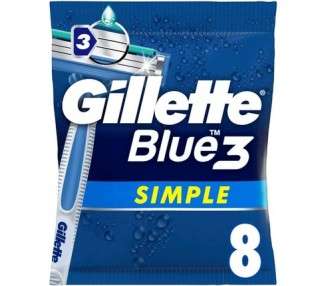Gillette Blue3 Simple Disposable Razor for Men 3 Blade Razor Fixed Blade Head Moisture Strip 8 Pieces - Pack of 8