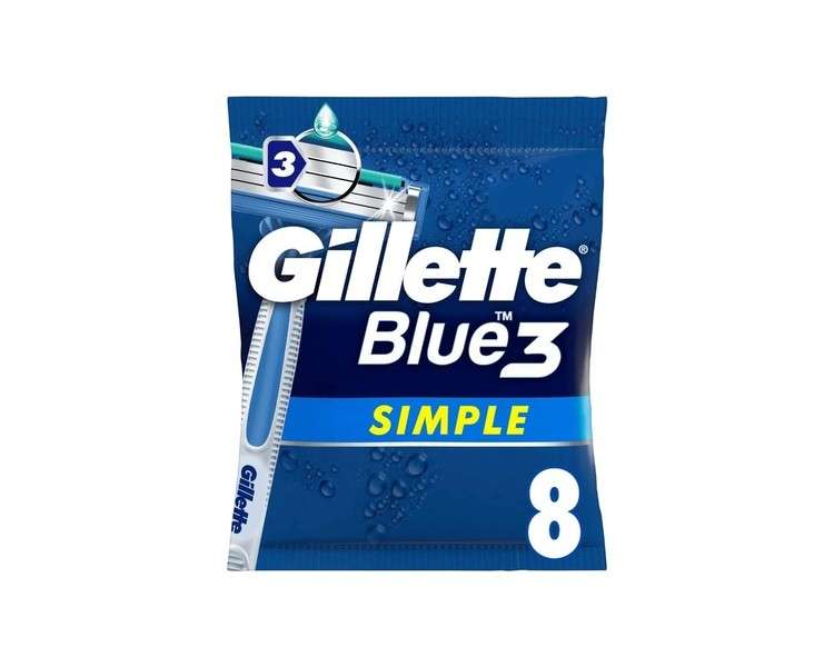 Gillette Blue3 Simple Disposable Razor for Men 3 Blade Razor Fixed Blade Head Moisture Strip 8 Pieces - Pack of 8