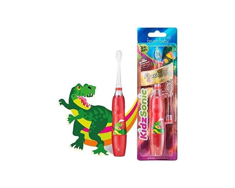 Brush Baby KidzSonic Toddler and Kid Electric Toothbrush for Ages 2-9 - Disco Lights, Gentle Vibration, and Smart Timer - Dinosaur