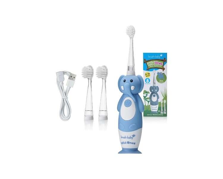 Brush-Baby WildOnes Kids Electric Rechargeable Toothbrush Elephant 1 Handle 3 Brush Head USB Charging Cable for Ages 0-10