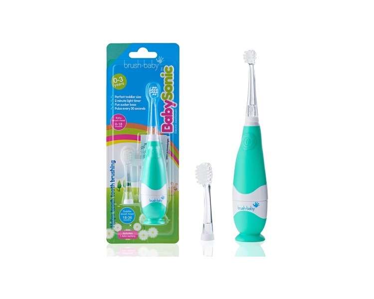 Brush-Baby BabySonic Kids Toddler Electric Toothbrush Stage 2 First Teeth 0-36 Months Age 1 2 3 Year Old LED Light Soft Vibrations 2-min Timer Sucker Base Teal 2 Brush Heads 1 AAA Battery