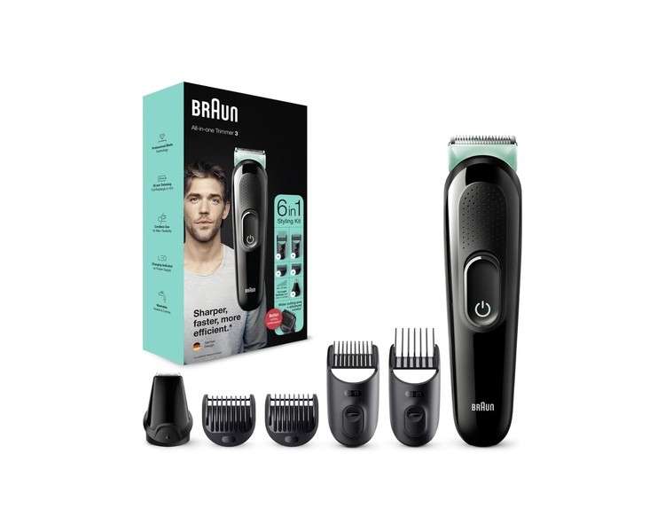 Braun Multi-Grooming-Kit 3 6-in-1 Beard Trimmer and Hair Clipper for Men 5 Attachments MGK3321 Black/Green