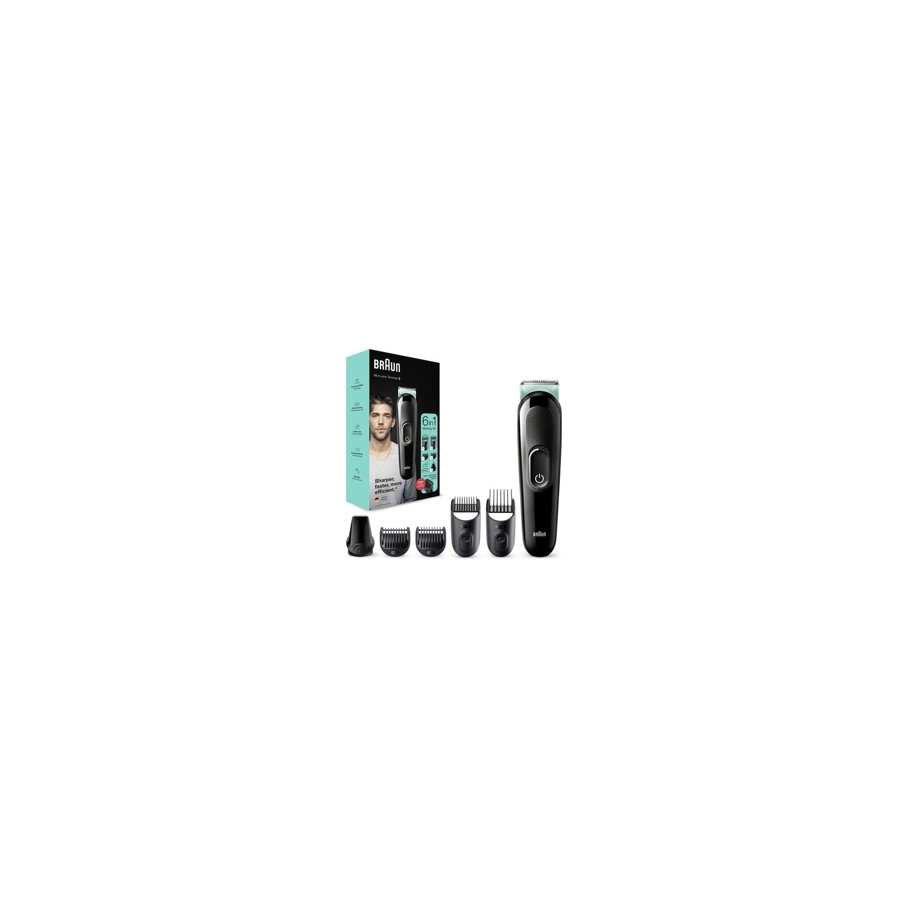 Braun Multi-Grooming-Kit 3 6-in-1 Beard Trimmer and Hair Clipper for Men 5 Attachments MGK3321 Black/Green