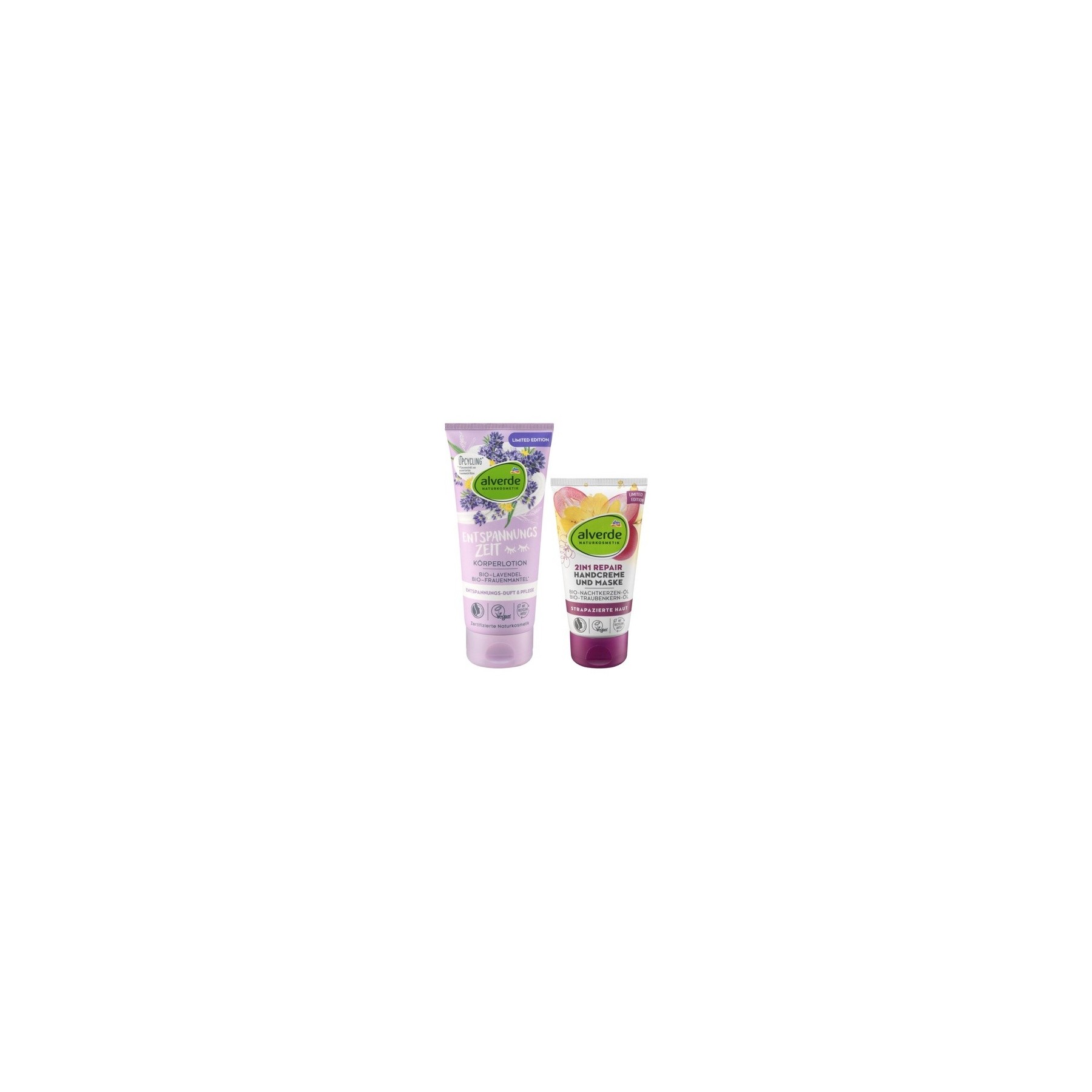 Alverde NATURKOSMETIK Relaxing Body Lotion with Lavender 200ml + 2in1 REPAIR Hand Cream & Hand Mask with Evening Primrose Oil 75ml