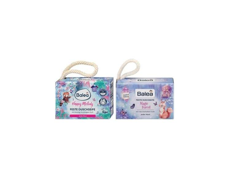 Balea Solid Body Care Set: Happy Melody Shower Soap with Floral-Fruity Scent 100g + Magic Forest Shower Soap with Enchanting Scent 100g