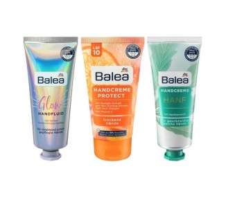 Balea Hand Care Set: GLOW Hand Fluid with Shimmer Pigments, PROTECT Hand Cream with Orange Extract & Vitamin C + SPF 10, Hand Cream with Hemp Seed Oil & Urea