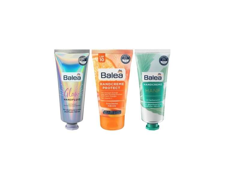 Balea Hand Care Set: GLOW Hand Fluid with Shimmer Pigments, PROTECT Hand Cream with Orange Extract & Vitamin C + SPF 10, Hand Cream with Hemp Seed Oil & Urea