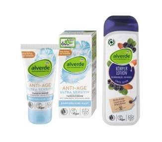 Alverde Naturkosmetik Skincare Set: Anti-Aging Day Cream Ultra Sensitive with Ceramides, Q10, Hyaluronic Acid 50ml + Body Lotion Bio-Aroniaberry Bio-Almond 250ml