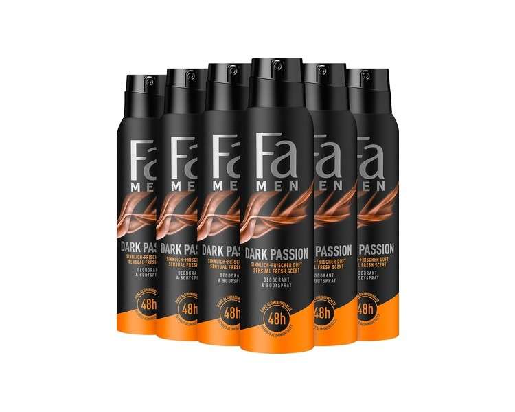 Fa Men Dark Passion Deodorant & Bodyspray 48h Protection 150ml - Pack of 6
