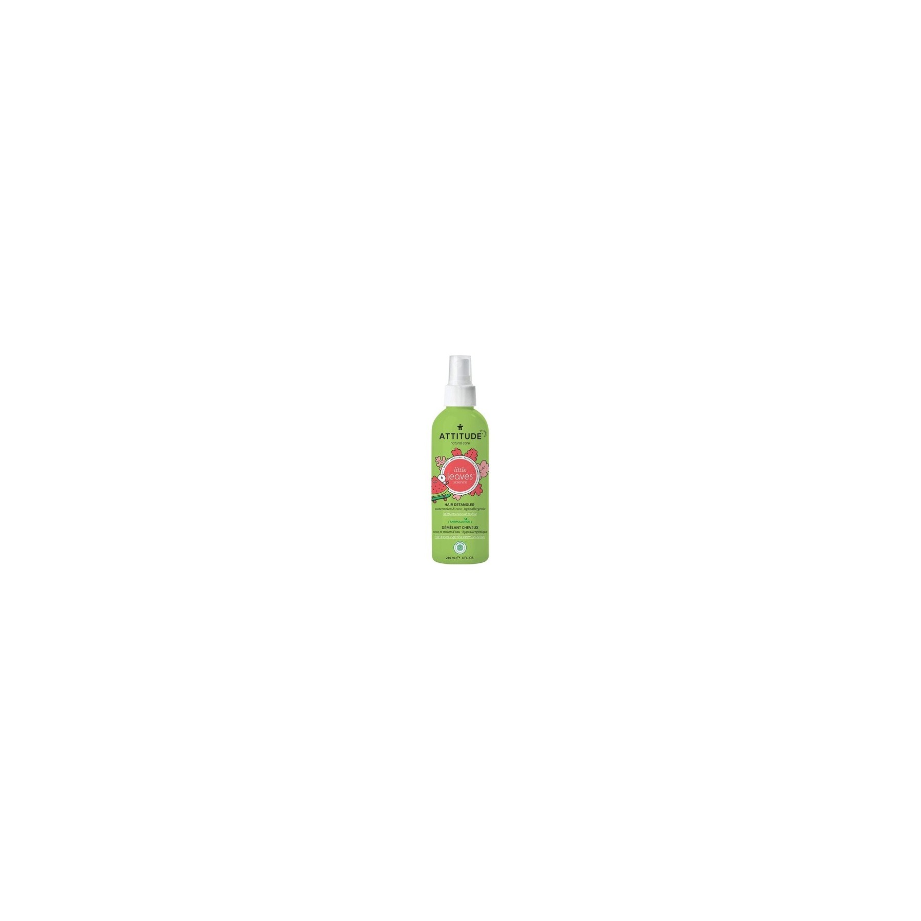ATTITUDE Natural Hair Detangler Spray for Baby and Kids EWG Verified Plant and Mineral Based Ingredients Hypoallergenic Vegan and Cruelty Free Watermelon and Coconut 8 Fl Oz