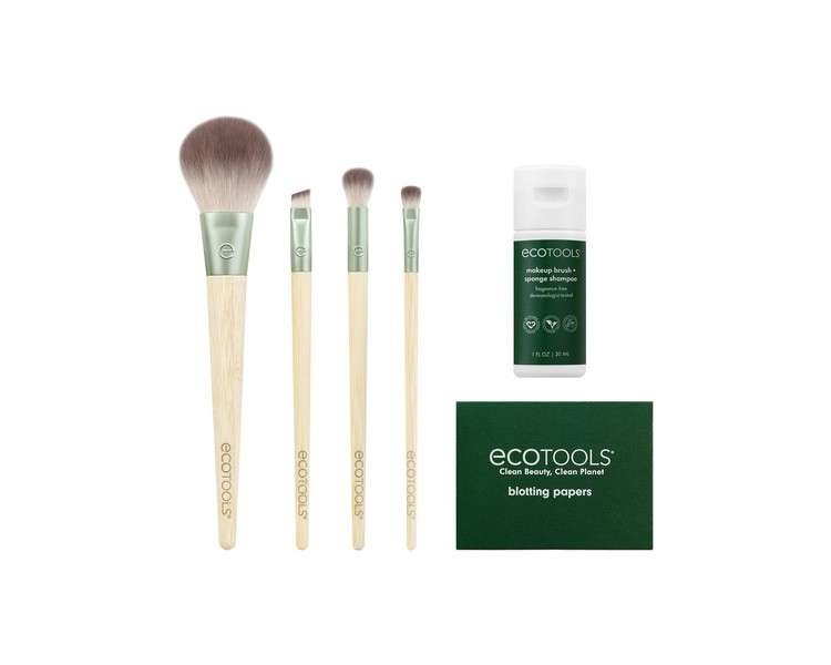 EcoTools Merry Must-Haves Kit Face and Eyeshadow Makeup Brushes Brush Shampoo and Cleanser Blotting Papers for Matte Makeup Eco-Friendly 6 Piece Gift Set