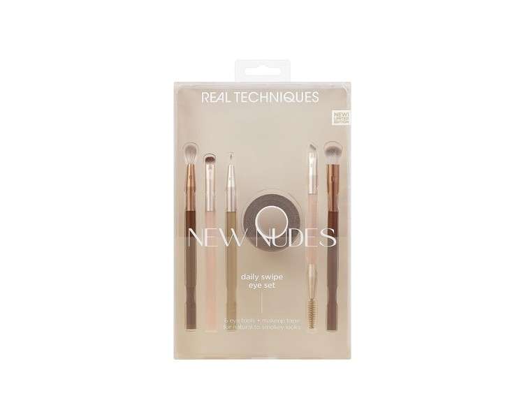 Real Techniques New Nudes Daily Swipe Eye Kit Makeup Brushes for Eyeshadow Liner & Brows Makeup Tape Synthetic Bristles Cruelty-Free & Vegan 7 Piece Set