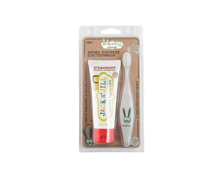 Jack N' Jill Strawberry Tooth Buddy Combo Pack Natural Certified Toothpaste and Kids Toothbrush - Bunny/Strawberry 2 Count