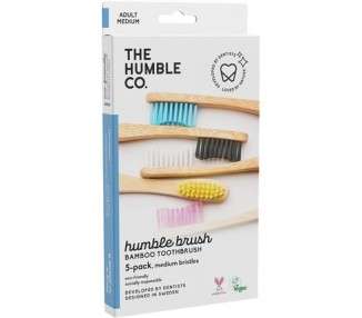 The Humble Co. Bamboo Toothbrush Set Medium Bristles Biodegradable Environmentally Friendly Vegan for Daily Oral Care Recommended by Dentists 5 Colors - Pack of 5