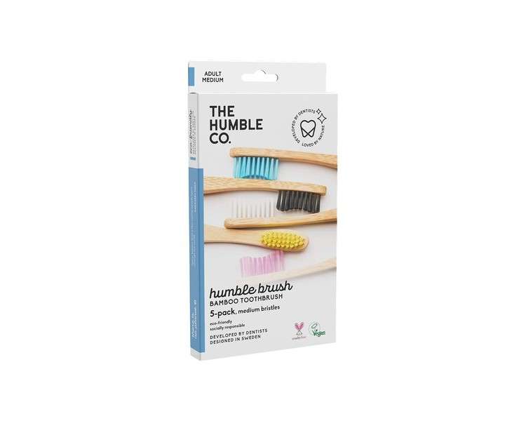 The Humble Co. Bamboo Toothbrush Set Medium Bristles Biodegradable Environmentally Friendly Vegan for Daily Oral Care Recommended by Dentists 5 Colors - Pack of 5