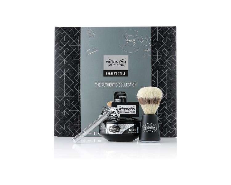 Wilkinson Sword Barber's Style for Men Authentic Collection Double Edge Razor with 5 Blades Shave Brush and Soap Bowl