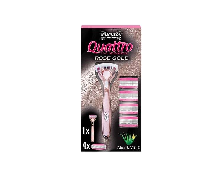 Wilkinson Sword Quattro For Women Premium Metal Rose Gold Razor Handle with 5 Blade Refills