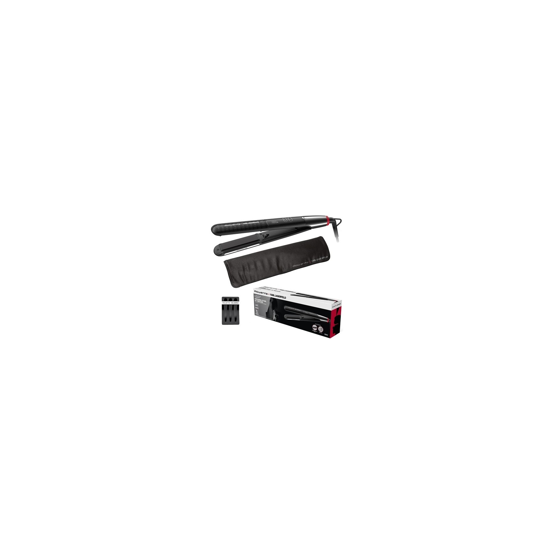 Rowenta x Karl Lagerfeld SF467L K/Pro Stylist Hair Straightener with Keratin & Glow Coating, Ion Function, and Integrated Comb - Black/Red