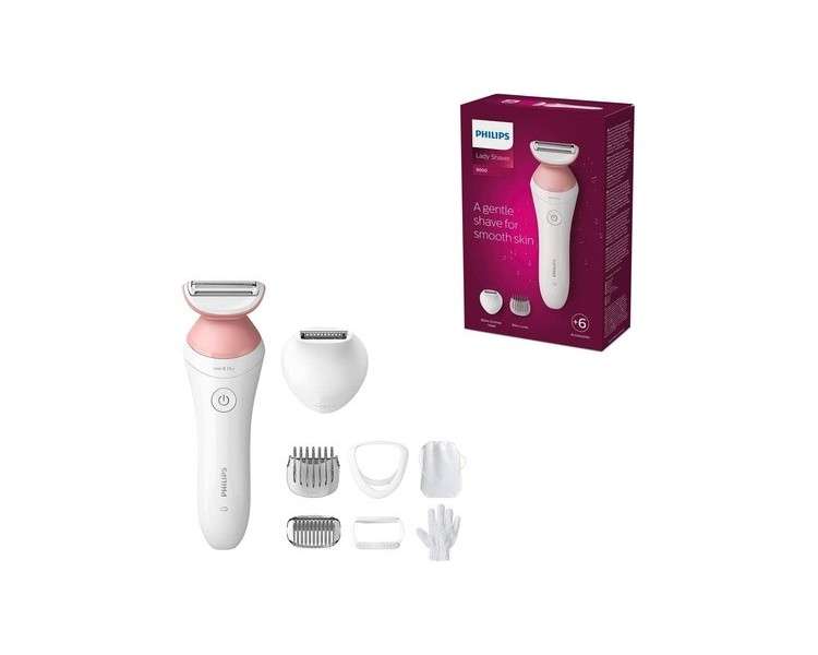 Philips Lady Shaver Series 6000 Cordless Shaver with 6 Accessories Body Peeling Glove Bikini Trimmer White/Pink