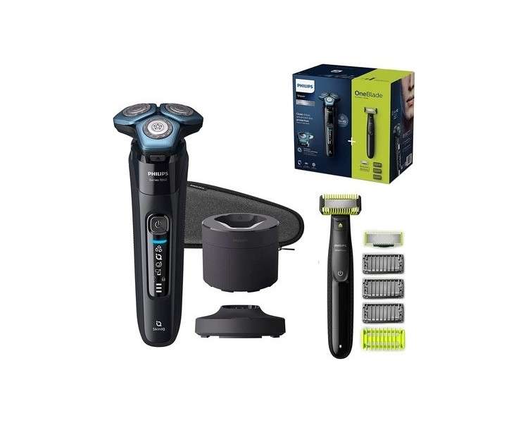Philips Series 7000 Electric Wet and Dry Shaver with Cleaning Station and OneBlade S7783/78 - Trimmer, Styling, Flexible 360° Shaving Heads - Gift for Men