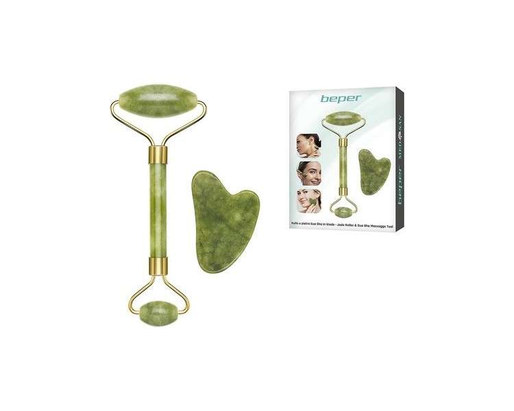 BEPER Jade Roller and Gua Sha Stone Massage Tool for Face and Body - Green