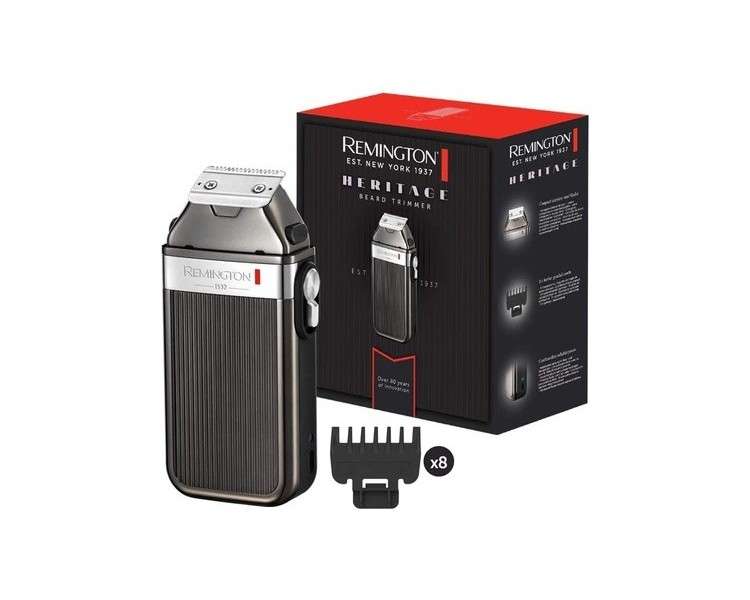 Remington Heritage Retro Design Men's Beard Trimmer with High-Quality Stainless Steel Blades and USB Charging - Includes 8 Attachment Combs (1.5-15mm) - Corded/Cordless Operation