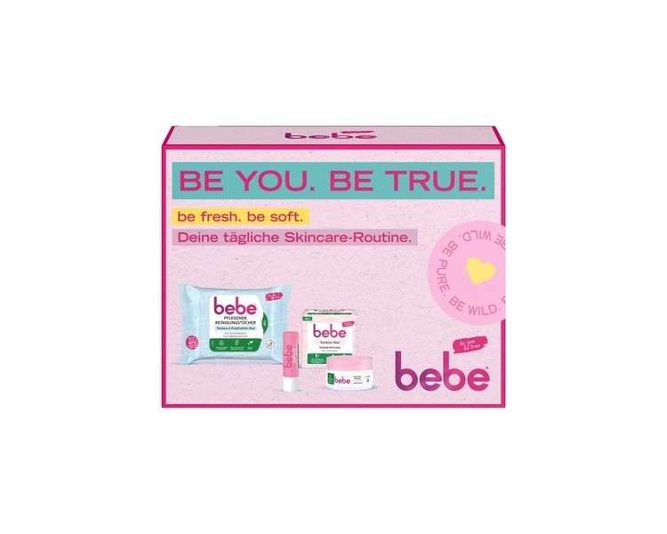 bebe Skin Care Gift Set with Nourishing Cleansing Wipes 25 Wipes, Intensive Care 50ml & Soft Rose Lip Care 4.9g for Dry Skin