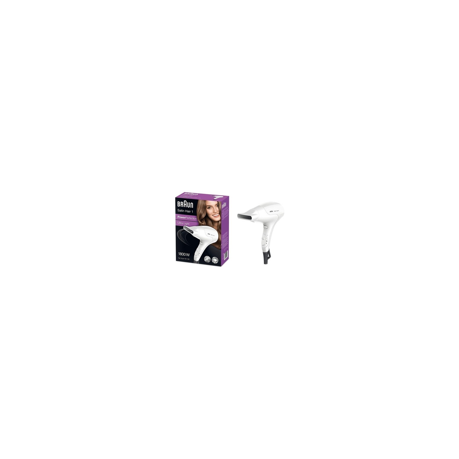 Braun Satin Hair 1 Power Perfection Hair Dryer with Styling Nozzle HD180 White