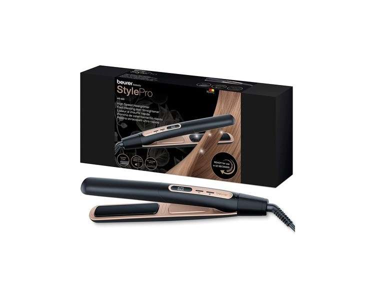 Beurer HS 100 Hair Straightener with Fast Heating in 12 Seconds Ceramic Coated Flat Iron with Ion Function for Shiny Hair Rounded Edges for Curl Styles