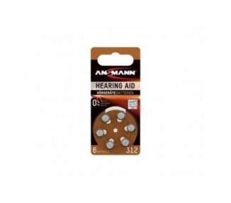 ANSMANN Hearing Aid Batteries 312 Brown 6 Pack - Zinc Air Hearing Aid Batteries Type 312 P312 ZL3 PR41 with 1.4V - Button Cell with Particularly Long Life for Hearing Aid Sound Amplifier & Hearing Aid Size 312 - Pack of 6