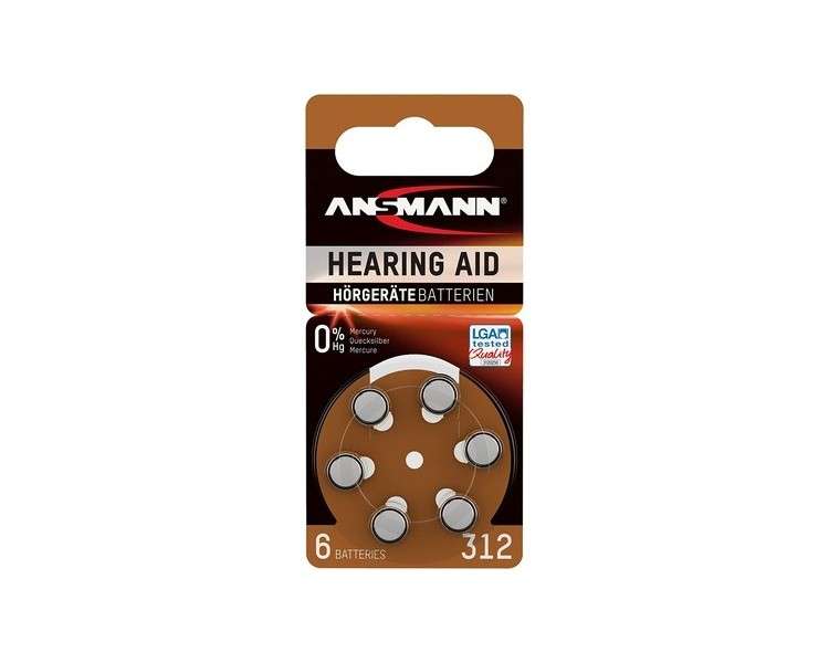 ANSMANN Hearing Aid Batteries 312 Brown 6 Pack - Zinc Air Hearing Aid Batteries Type 312 P312 ZL3 PR41 with 1.4V - Button Cell with Particularly Long Life for Hearing Aid Sound Amplifier & Hearing Aid Size 312 - Pack of 6
