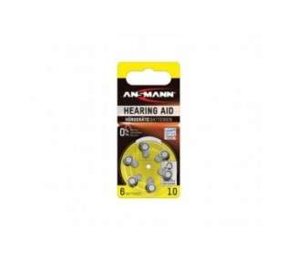 ANSMANN Hearing Aid Batteries Type 10 P10 ZL4 PR70 6 Pack - Yellow Zinc Air Button Cell with 1.4V and Long Lasting Power for Hearing Aids and Sound Amplifiers
