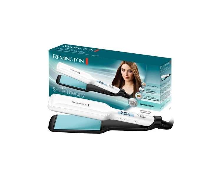 Remington Shine Therapy Wide Flat Iron with High-Quality Ceramic Coating Enriched with Micro-Particles for More Shine - Moroccan Argan Oil & Vitamin E LCD Display 150-230°C - S8550 Wide Flat Iron
