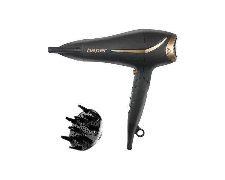BEPER 40.404 Hair Dryer 2200 Watt with Soft Touch Folding Handle, Diffuser and Concentrator Black/Gold