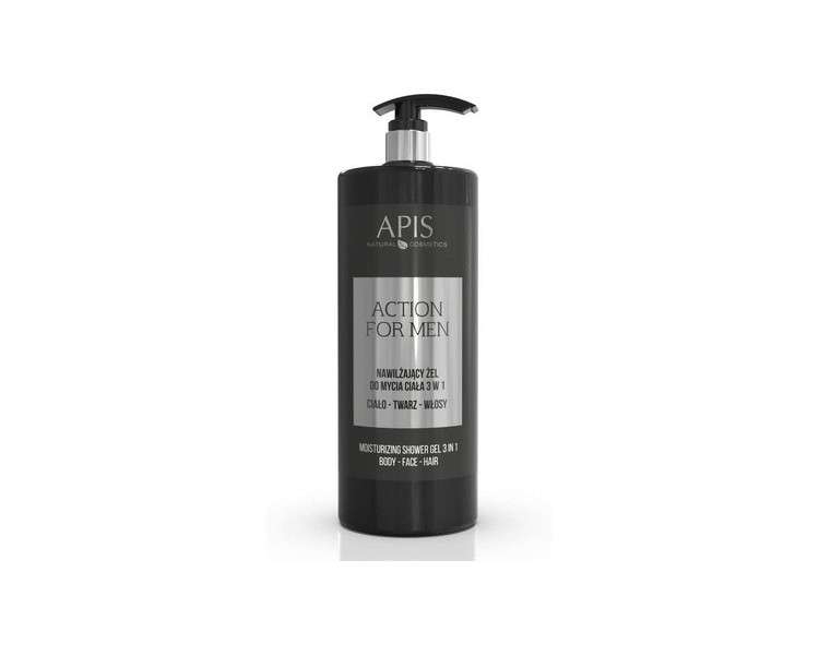 APIS ACTION FOR MEN Hydrating 3-in-1 Wash Gel for Body, Face, and Hair with Hydromanil Complex, Hyaluronic Acid, Aloe, Flax, and Ginseng 1L