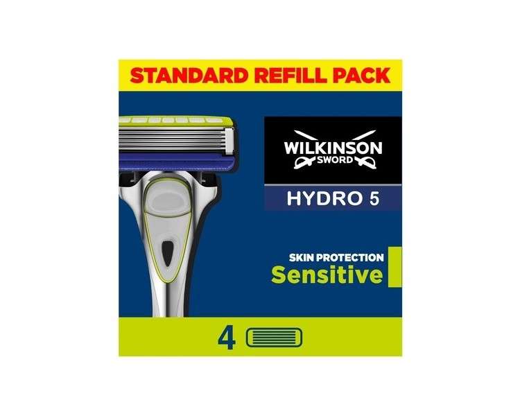 Wilkinson Sword Hydro 5 Skin Protection Sensitive Razor for Men Pack of 4 Razor Blade Refills with Vitamin E Gel and Precision Trimmer