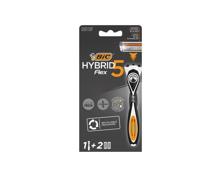 BIC Hybrid 5 Flex Refillable Men's Razor Kit with Nano-Tech Titanium 5-Blade Refills - 3 Piece Set
