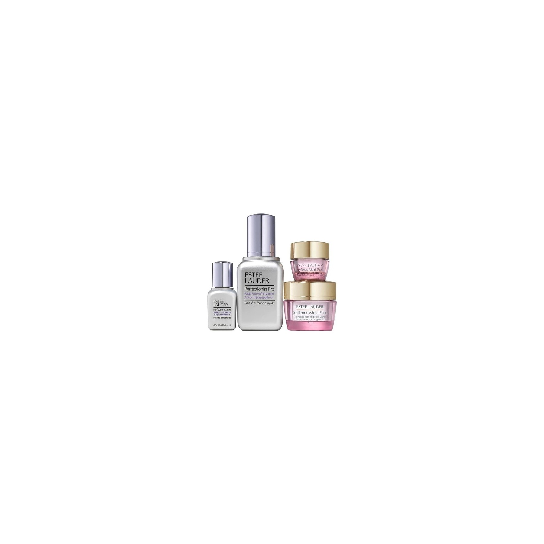 Perfectionist Pro Rapid Firm + Lift Treatment Acetyl Hexapeptide-8 50ml. Resilience Multi-Effect Tri-Peptide Face and Neck Creme SPF15 15ml. Resilience Multi-Effect Tri-Peptide Eye Cream 5ml. Micro Essence Skin Activating treatment Lotion 7ml.