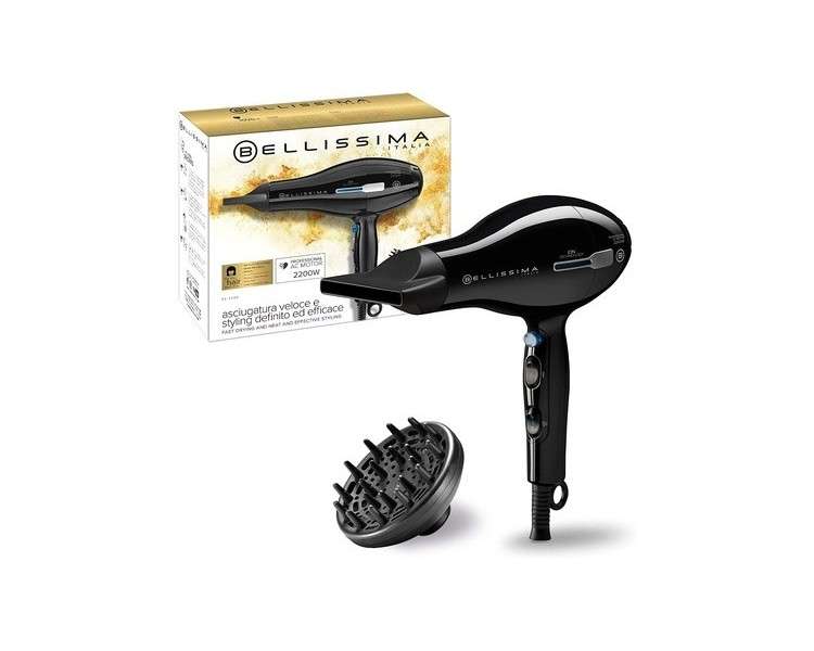 Imetec Bellissima P2 2200 Professional Hair Dryer 2200W with Ion Technology for Moisture Balance and Frizz Reduction 8 Blower and Temperature Settings Narrow Styling Nozzle