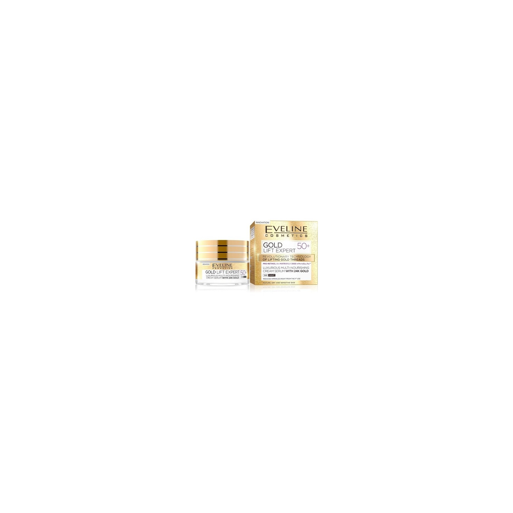 Eveline Cosmetics Gold Lift Expert Multi-Nourishing Cream-Serum with 24k Gold 50+ Anti-Wrinkle Face Lift Cream with Vitamins A, B, D 50ml