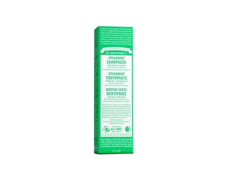 Dr Bronner's All One Spearmint Toothpaste with Organic Fluoride-Free Ingredients 105ml Tube