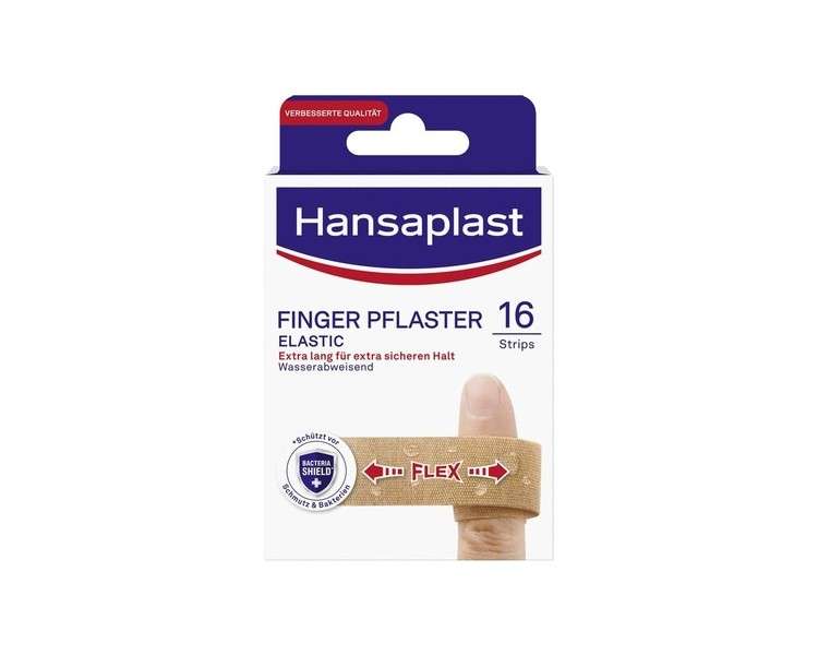 Hansaplast Elastic Finger Strips Plasters Extra Long Wound Plasters Flexible and Breathable Finger Plasters 16 Strips with Bacteria Shield - Pack of 16