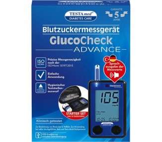 TESTAmed Glucocheck Advance Blood Glucose Meter with Test Strips and Lancet Device - Optional Voice Output