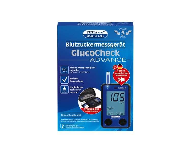 TESTAmed Glucocheck Advance Blood Glucose Meter with Test Strips and Lancet Device - Optional Voice Output