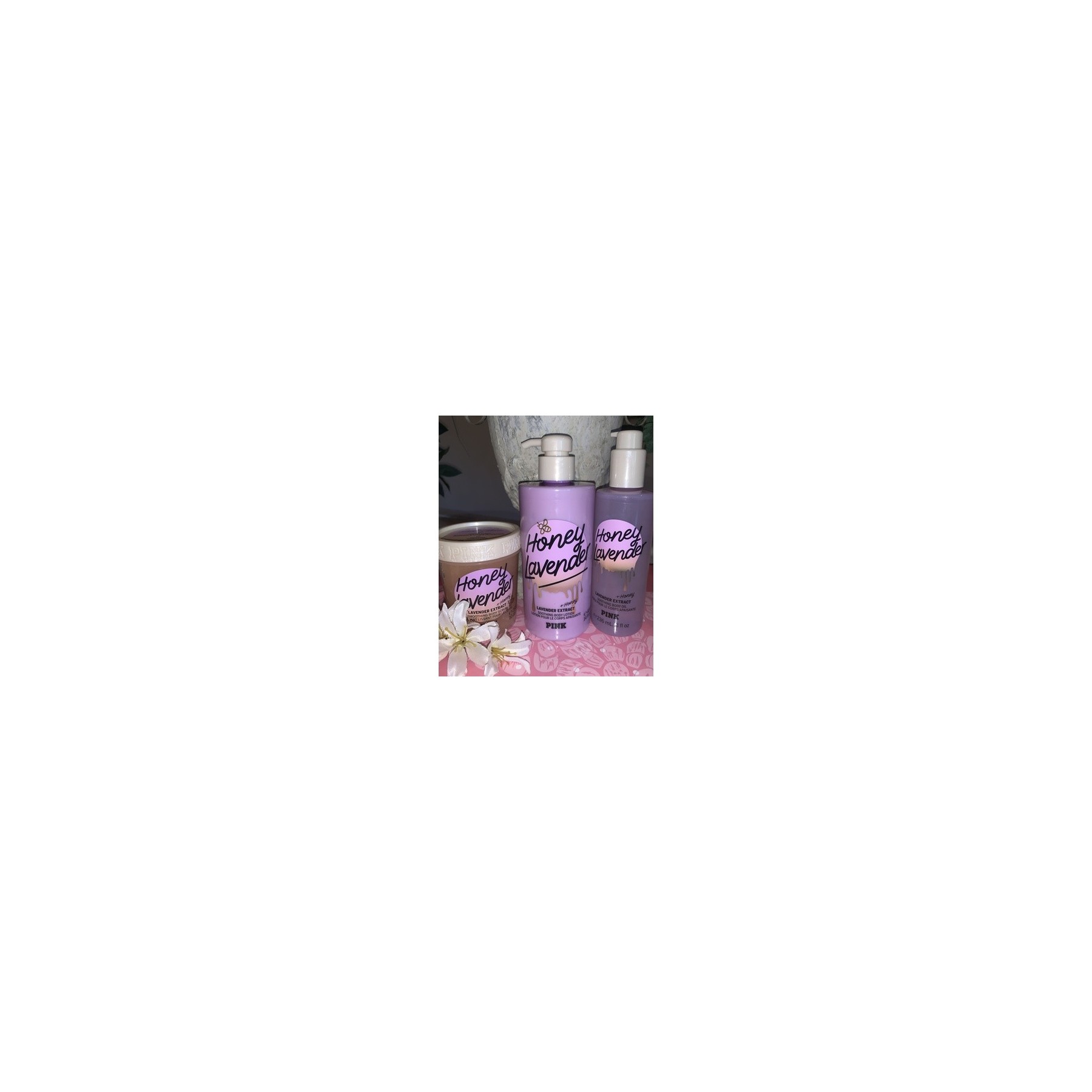 Victoria's Secret Pink Honey Lavender Body Lotion/Scrub/Oil New Trio Set