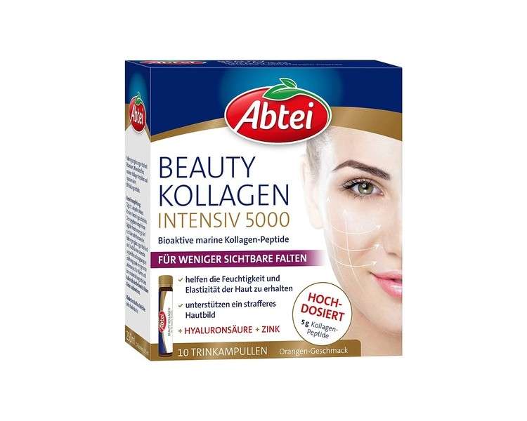 Abtei Beauty Collagen Intensive 5000 with 5g Collagen Peptides, Hyaluronic Acid, Zinc, and Vitamin C - Sugar-Free 10 Drink Ampoules