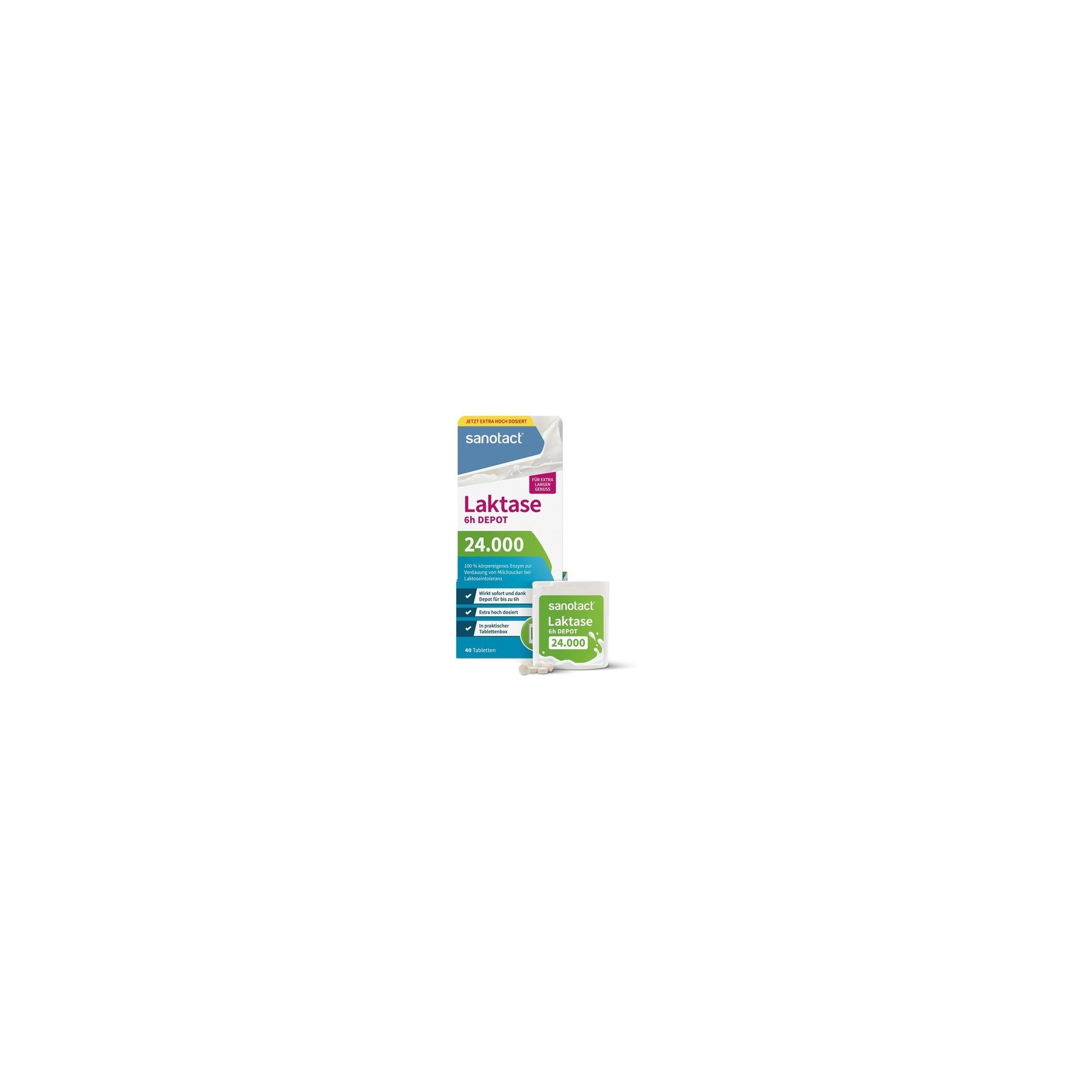 Sanotact Lactase 24,000 6h Depot 40 Lactose Tablets with Immediate Effect and 6h Depot for Lactose Intolerance and Milk Intolerance