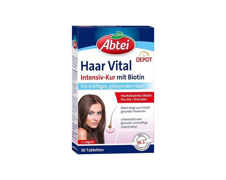 Abtei Hair Vital Intensive Treatment - High-Dose Biotin, Zinc, and Vitamin B Complex with Depot Effect - for Strong, Shiny Hair - Laboratory Tested, Vegan - 30 Tablets