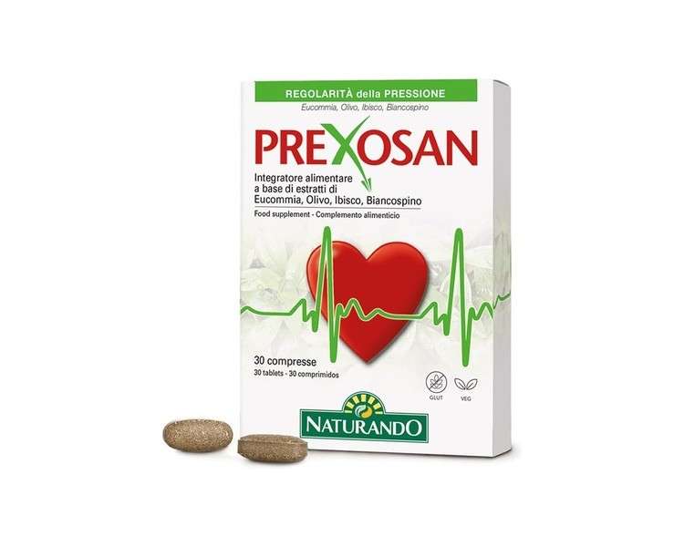 Naturando Prexosan Food Supplement for Pressure Regularity with Hawthorn, Hibiscus, Eucommia and Olive 30 Tablets
