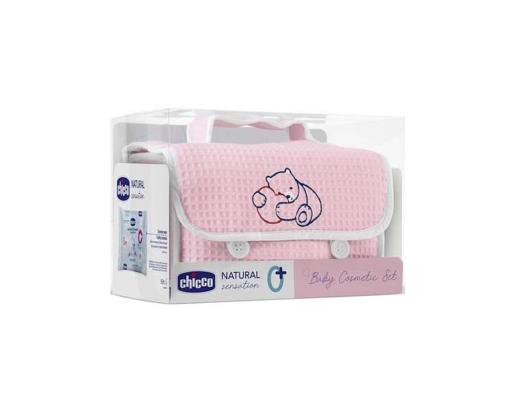 CHICCO Natural Sensation Pink Toiletry Bag with Shampoo & Body Bath, Body Lotion, Wrap Cream, and Cleaning Cloth